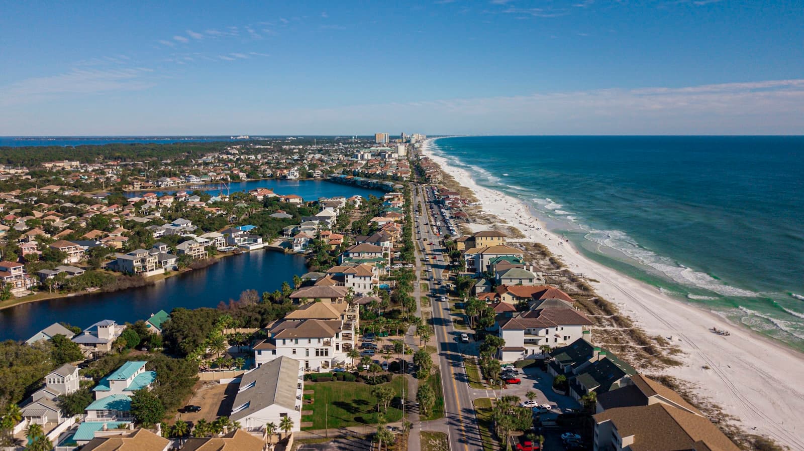 Aerial view of a coastal residential community in Destin, Florida, with homes along the shoreline.