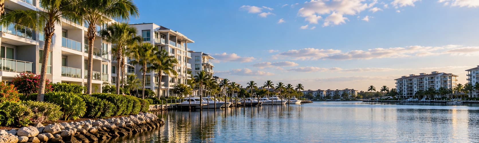 Waterfront condominium buildings and palm trees beside a calm marina.