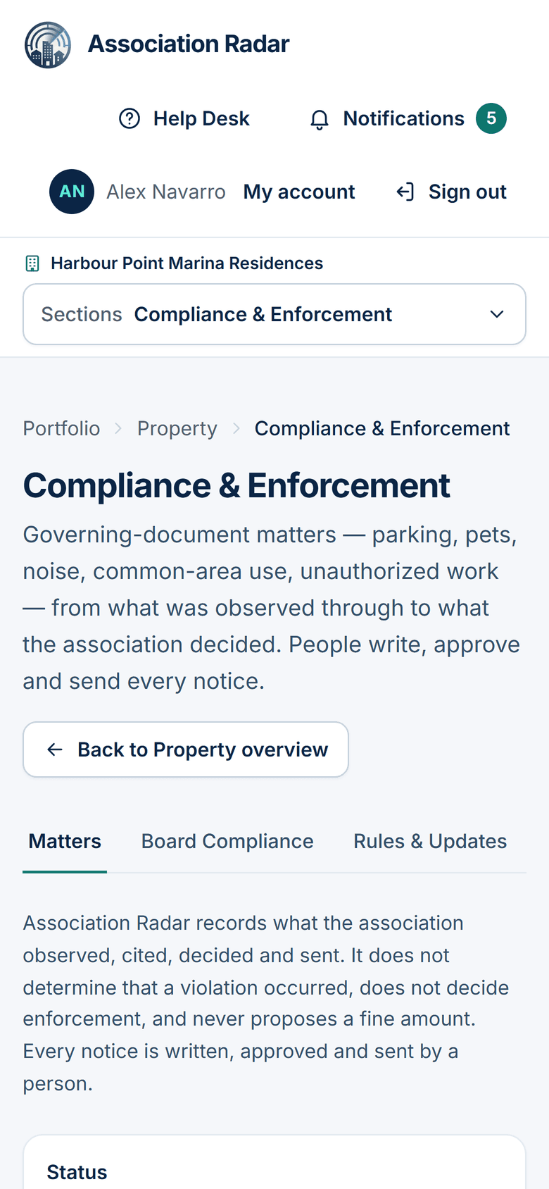 The Association Radar Compliance & Enforcement screen for an example association, listing compliance matters with their category and review status.