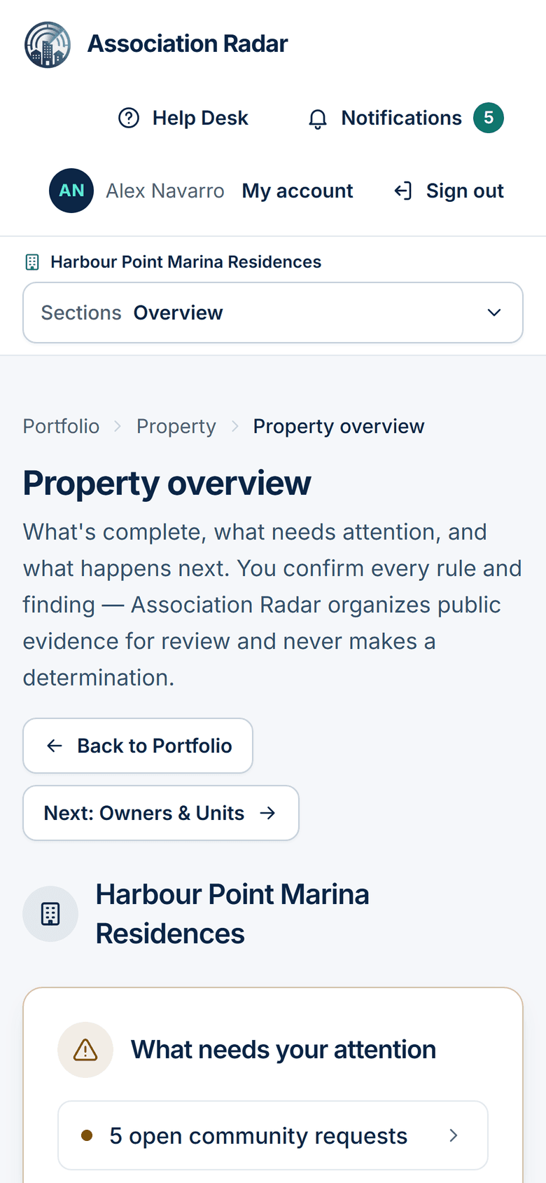 The Association Radar property overview for an example association, showing what needs attention and the association's setup checklist.