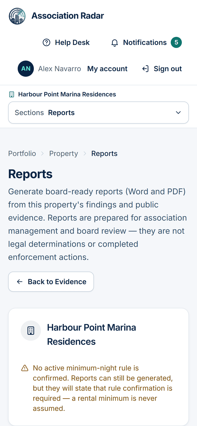 The Association Radar Reports screen for an example association, with the board report documents ready to generate and download.