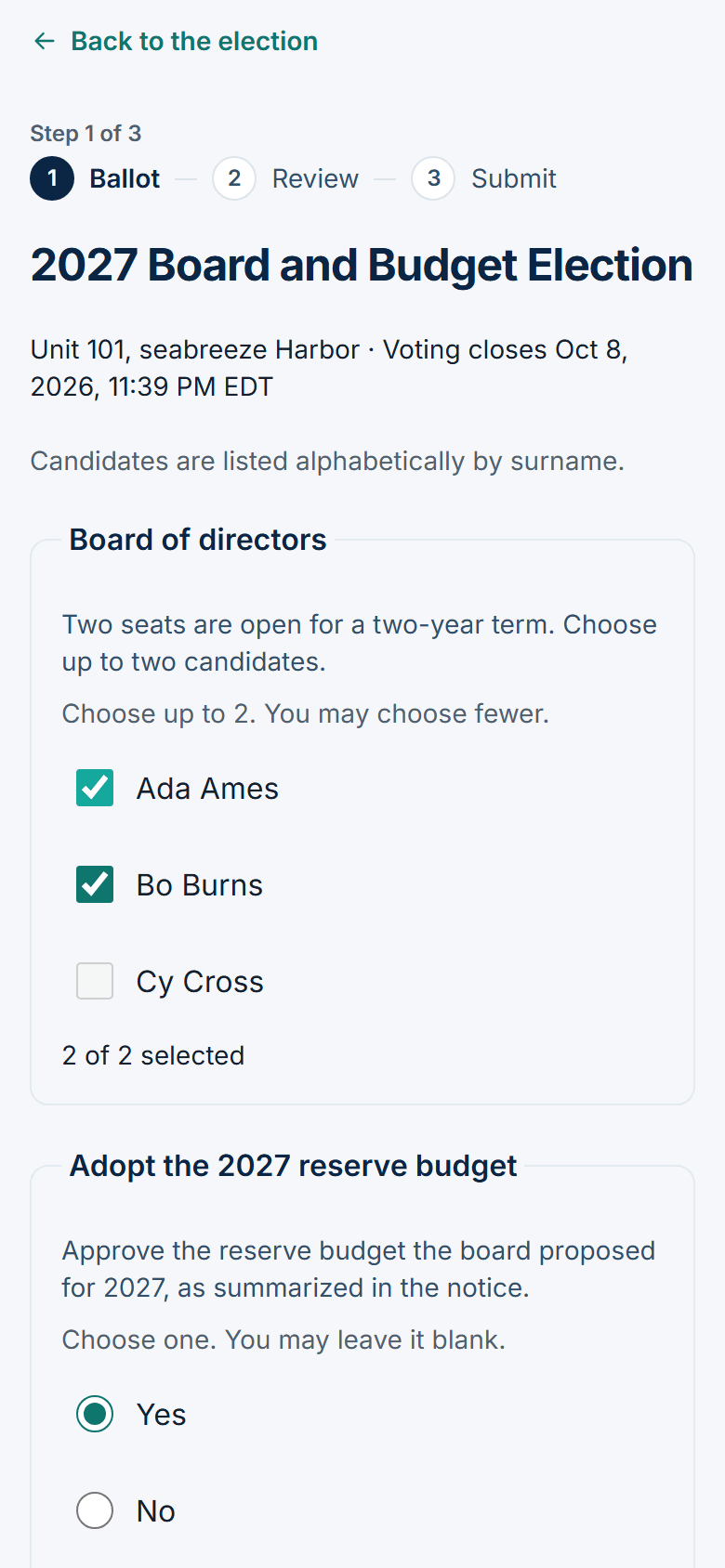 Association Radar Electronic Voting for an example association: the Elections dashboard with each election's stage, and an owner's ballot on a phone.