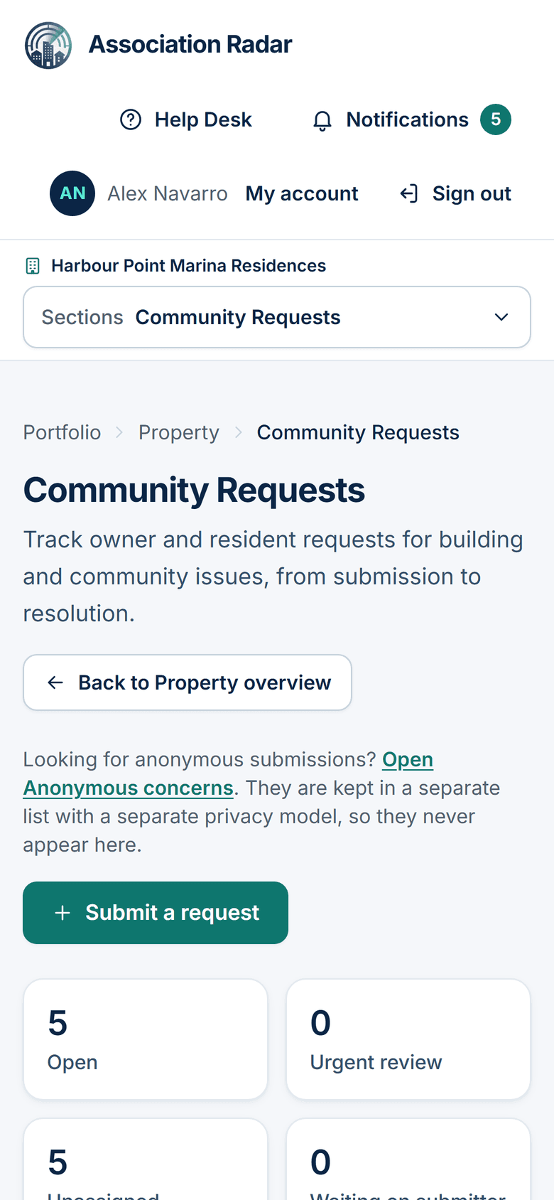 The Association Radar Community Requests screen for an example association, with open, unassigned and resolved request counts above the request queue.