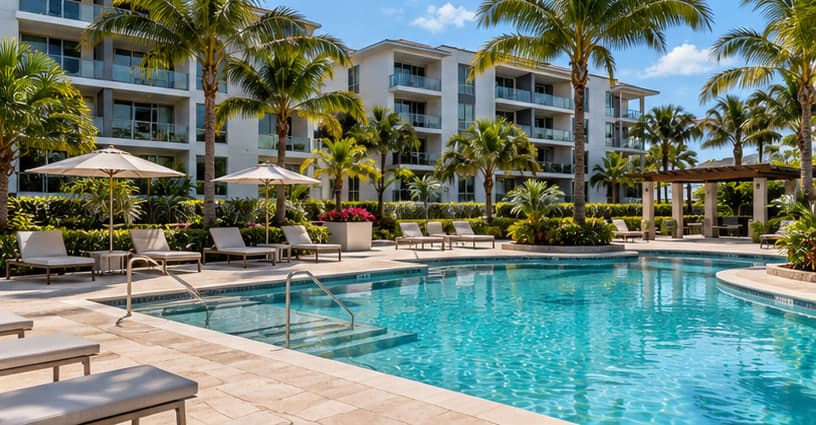 A residential pool deck with lounge chairs and palm trees beside a condominium building.
